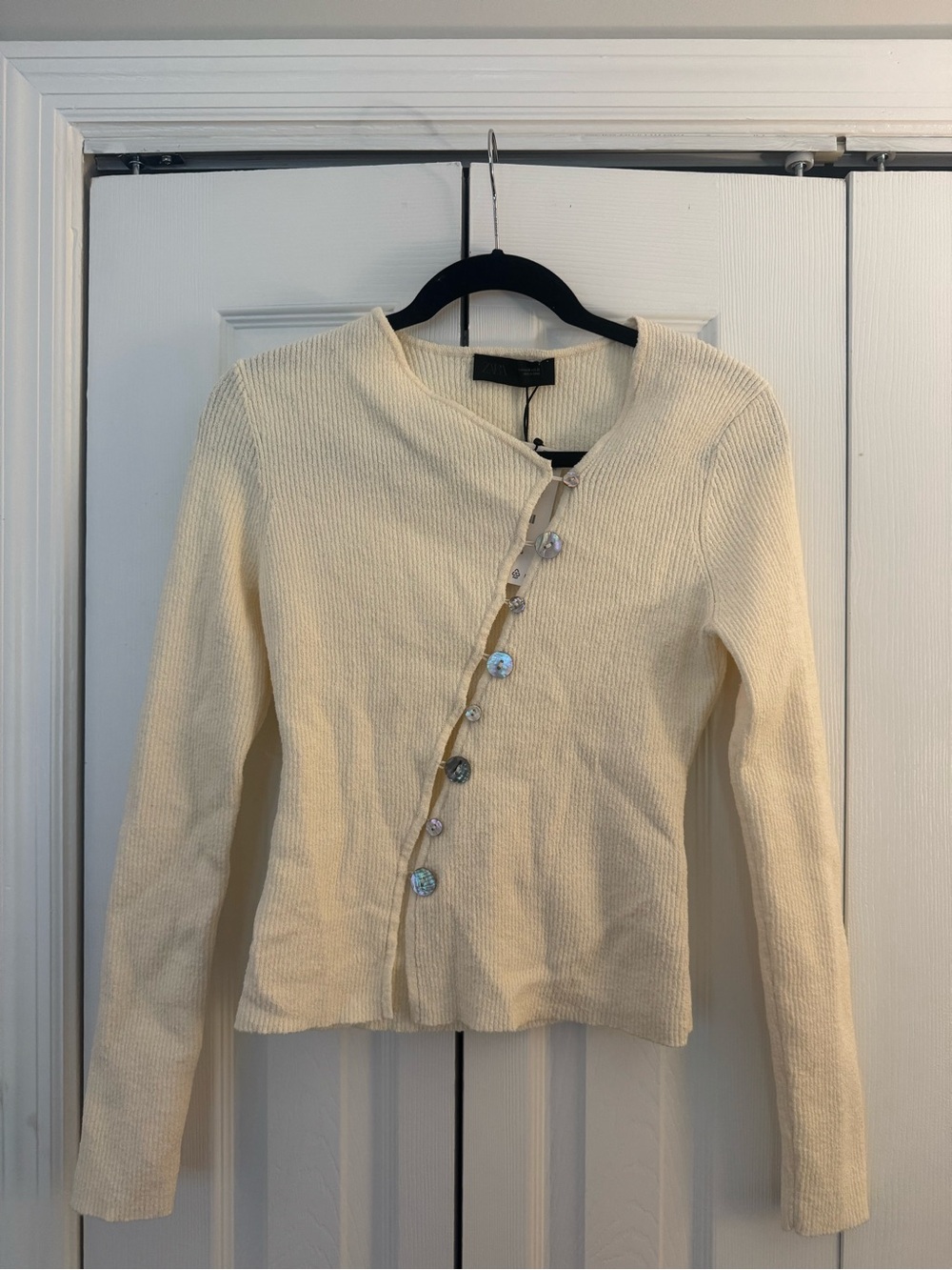 Zara Cream Asymmetric Button Knit Cardigan